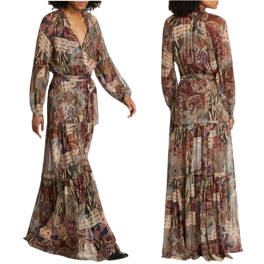 Veronica Beard Isra Multi-Print Silk Maxi Dress Women's 0 Paisley Tie Waist NWOT